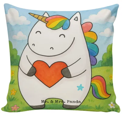 Produktbild von Mr. & Mrs. Panda kissen bedruckt Einhorn Herz Design - Weiß - Geschenk, Freundin, 40x40, zier, Deko, Einhörner, Schlimm, Kuschelkissen, Sofakissen, Bunt