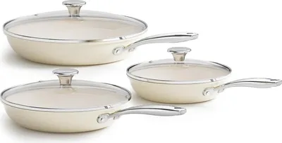 Produktbild von Pfannenset Keramik Induktion 6-teilig Antihaft Bratpfannen 20 24 28 cm mit Deckel Beige Backofenfest Spülmaschinenfest