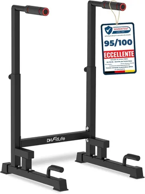 Image de DH FitLife Barres de Dips Réglables (100-130 cm, 9 Niveaux) – Station de Musculation pour Entraînement à Domicile, Parallettes Calisthenics