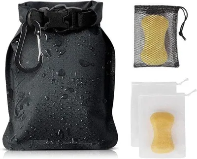 Produktbild von Wassersack mit Karabiner und Seifennetz, wasserdicht, ideal für Camping