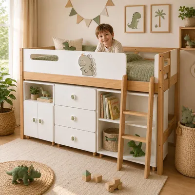 Obrázek produktu pro Dětská multifunkční postel GINGER HOME DINO s policí, šatní skříní, komodou a rošt, rozměry 90 x 200 cm