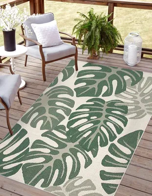 Produktbild von In- und Outdoor Teppich, Flachgewebe für Terrasse, Balkon, Garten, MONSTERA, Weiß-Grün 200x290cm