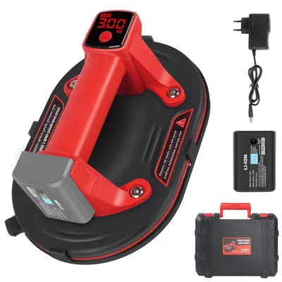 Obrázek produktu pro Elektrický vakuový zvedák – přísavná deska 25 cm – nosnost 300 kg – LCD displej – pro dlaždice, kámen a kov – červený