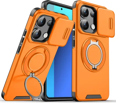 Immagine prodotto di Custodia a doppio strato per Xiaomi Redmi Note 13 5G, con copertura scorrevole della fotocamera e supporto ad anello magnetico Arancione