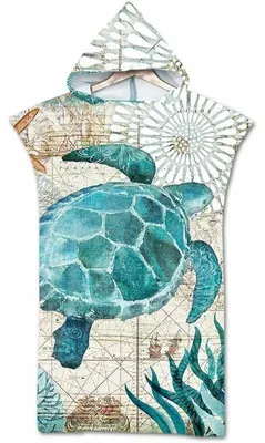 Produktbild von Surfponcho-Handtuch, schnelltrocknender Mikrofaserstoff, Surf-Umkleidemantel mit Kapuze, Strandumkleidemantel, Bademantel für Erwachsene, großes Schildkrötenmotiv, 75 x 110 cm