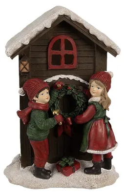 Productafbeelding van Clayre & Eef kerstdecoratie met LED-verlichting, model "Huis", 13x10x20 cm, bruin, van polyresin