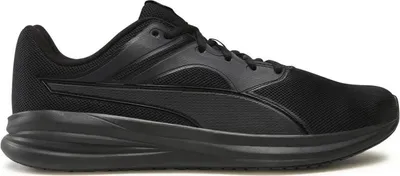 A side view of a black Puma running shoe against a white background.