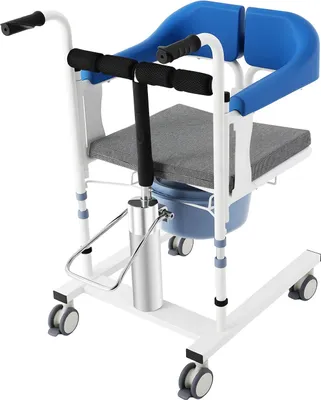 Image de Chaise élévatrice hydraulique pour patients - Chaise de toilettes avec freins sur les roulettes - Réglable en hauteur, capacité 100 kg - Pivotante - Rembourrée avec accoudoirs - Bleue