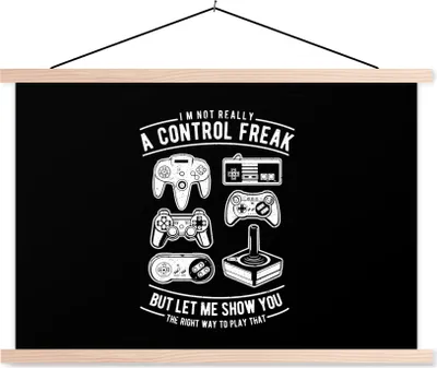 Produktbild von MuchoWow® Textilposter Mancave - Controller - Schwarz - Weiß - Vintage 120x80 cm mit holzfarbenen Rahmen - Aufhängeset