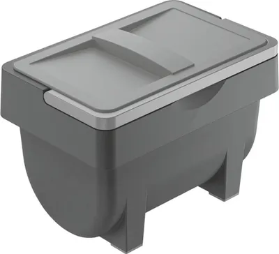 A 3D render of a gray plastic waste bin with a lid.