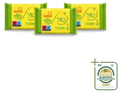 Imagen del producto de 3 paquetes de toallitas húmedas Zwitsal para bebés, formuladas para pieles sensibles, con 65 unidades por paquete. Pack de 3 unidades