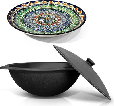 Produktbild von Kasan aus Gusseisen, Deckel aus Aluminiumguss, Runder Boden, Ø 38,5 сm, 10 L + Lagan Teller Ø 32 cm