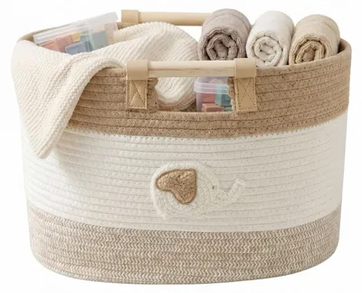 Image de Panier de rangement tressé avec des poignées en bois, blanc et marron