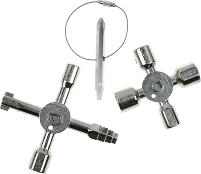 A set of silver-colored utility keys and a screwdriver bit on a white background.