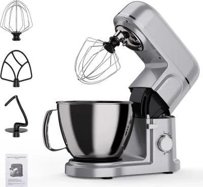 Produktbild von Küchenmaschine 2000W mit 5L Edelstahl-Rührschüssel, inkl. Rührhaken, Knethaken, Schneebesen, Spritzschutz, 8 Geschwindigkeiten, Silber