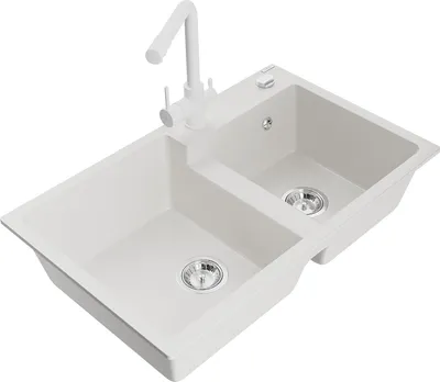 Produktbild von Mexen Tomas 2-Becken-Granitspüle mit Mischbatterie Duero, Weiß - 6516-20-671600-20