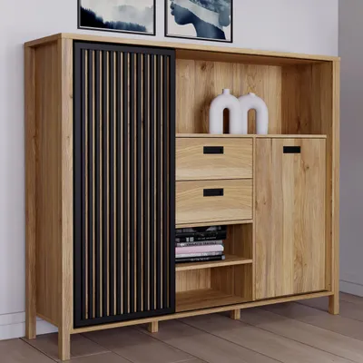 Produktbild von Forte JYTANA Schrank 150, skandinavischer Schrank mit 2 Schubladen und Schranktüren und 3 Regalfächern, Mauvella Eiche Holzdekor / Schwarz, 149,9 cm breit x 129,9 cm hoch x 40,2 cm tief