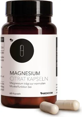 Image de Medicom Magnésium Citrate avec 800 mg de citrate de magnésium, haute biodisponibilité, 60 gélules, pour la puissance et des nerfs forts