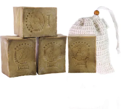 Produktbild von TUMELO Original Aleppo Seife 4 x 200g (800g) 95% Olivenöl 5% Lorbeeröl + Sisal Seifensäckchen, handgemachte Olivenölseife Naturseife