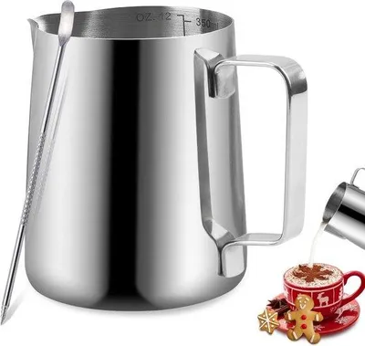 Produktbild von Unyqoos® Milchkännchen aus Edelstahl 304, 350 ml – Barista‑Zubehör mit Maßskala für Cappuccino & Espresso, silber