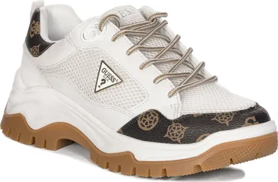 Produktbild von Guess Damen Stoff-Sneaker Weiß-Braun mit 5 cm Plateauhöhe an der Ferse