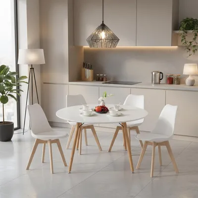Productafbeelding van Eettafel met 4 stoelen, eethoek, hout, wit, Scandinavisch design, 120 cm