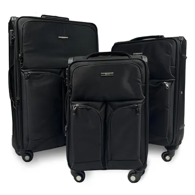 Produktbild von Set mit 3 Textiltrolleys, Rorik Explorer, 20/24/28 Zoll, 42/68/106 L, erweiterbar, Zahlenschloss, 360° Rollen, Teleskopgriff, Schwarz, Größe S/M/L