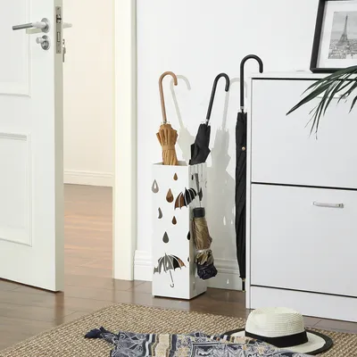Produktbild von Regenschirmständer mit 2 Haken weiß Metall rechteckig Ø15,5 × 49 cm Regenschirm werden verschenkt Wasserauffangschale SONGMICS LUC49W
