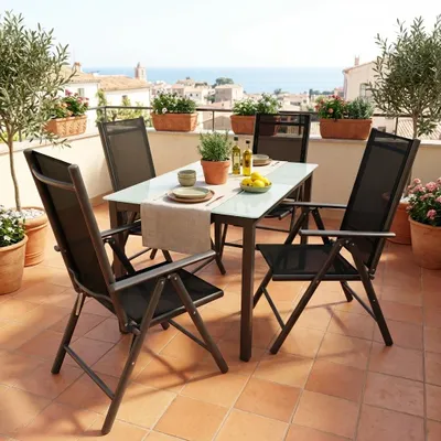 Produktbild von VCM Gartentisch aus Glas und Aluminium | Esstisch | ca. H. 73 x B. 140 x T. 80 cm | Anthrazit | Balkontisch Gartenmöbel, KI-generiertes Bild