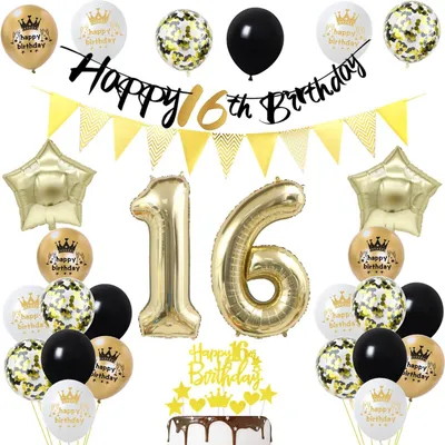 Produktbild von Geburtstagsdeko Set 16. Geburtstag, schwarz gold, 29-teilig, für die Party