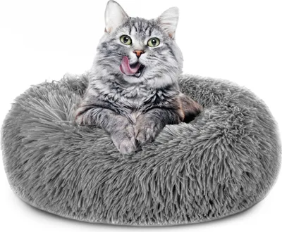 Produktbild von Katzenbett flauschig 60 cm - Katzenkorb Katzenkissen Katzen Bett Katzenkörbchen Rund cat Bed Hellgrau