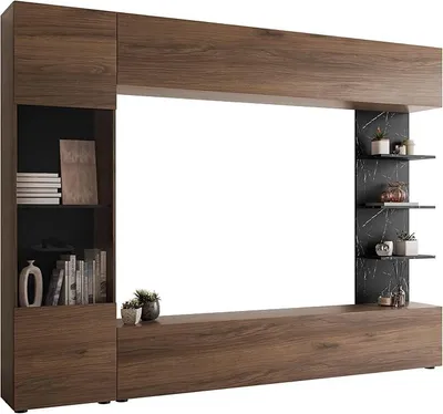 Produktbild von Wohnwand Lazando, 4-teilig, ohne LED (Nuss Warmia/Marmor Schwarz) | Anbauwand mit Hängeschrank, Vitrine, TV-Lowboard und Wandregal, 7 Fächern und grifflosen Fronten, B/H/T: 250/187/30 cm