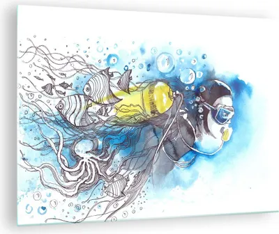 Produktbild von Bilder auf glas - Taucher Fische Illustration Hobby - 70x50cm - Glasbilder - Wandbilder - Kunstdruck - zum Aufhängen bereit - Wanddekoration aus Glas - Glas Bilder - Wandbild auf Glas - GAA70x50-2982