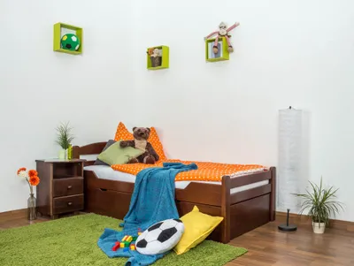 Produktbild von Kinderbett / Jugendbett "Easy Premium Line" K1/2h inkl. 2. Liegeplatz und 2 Abdeckblenden, 90 x 200 cm Buche Vollholz massiv dunkelbraun lackiert