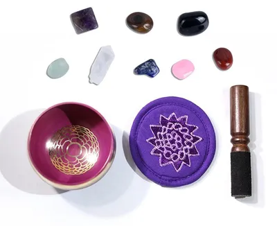 Produktbild von Klangschale 3,15'' Tibetisch mit Chakra Steinen Meditationsset für Klangtherapie Yoga Zen Entspannung