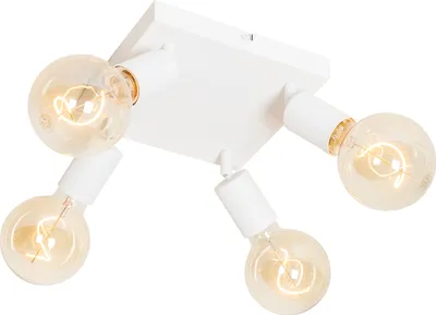 A white, square, four-bulb ceiling spotlight with exposed Edison-style bulbs.