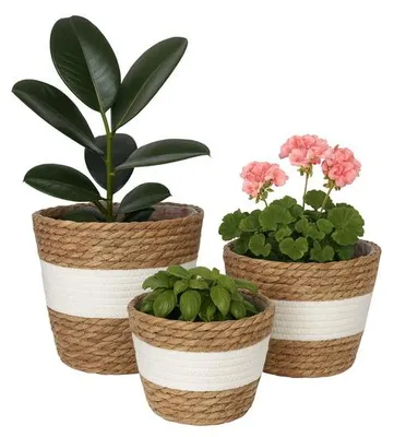Produktbild von Set von 3 Boho Pflanzenübertöpfen aus Riet mit Folie - Rund, Weiß/Braun, 23x25,5 cm
