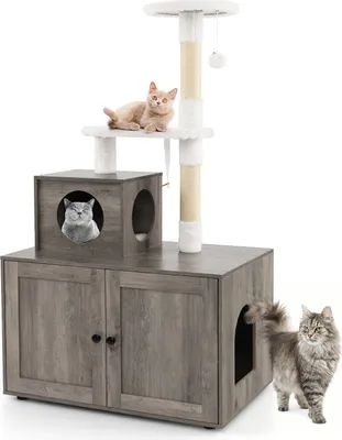 Produktbild von COSTWAY Kratzbaum mit Katzenschrank, All-in-One Katzenhaus, Katzenbaum mit Eingang, Höhle, Sisalstamm & Spielball 77,5x49x132cm Grau