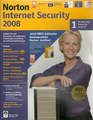 Produktbild von Symantec Norton Internet Security 2008 + Norton Antibot 1.0, Disk Kit, 1 Benutzer, 350 MB, 256 MB, 600 MHz