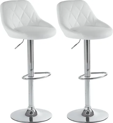 Two white bar stools with chrome bases and adjustable height.