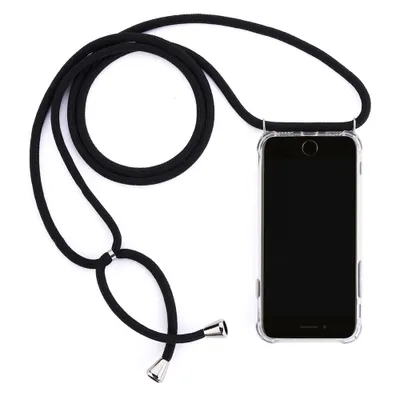A black lanyard with a clear phone case attached to it, shown against a white background.