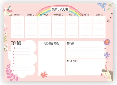 Produktbild von Friendly Fox Wochenplaner A4, kleine Schreibtischunterlage als Kalender ohne festes Datum, Weekly Planer, Schreibblock Organisation "Einhorn"