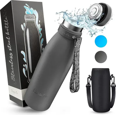 Produktbild von Vezato Trinkflasche Edelstahl - BPA-freie Isolierflasche 1 Liter - Auslaufsichere Wasserflasche mit doppelter Isolierung - Thermosflasche spülmaschinenfest - Für Kohlensäure geeignet - Nachhaltig