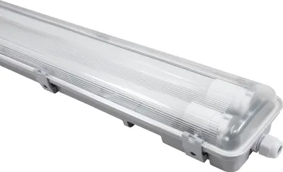 A close-up, angled view of a long, rectangular LED light fixture, likely for industrial or damp environments, against a white background.