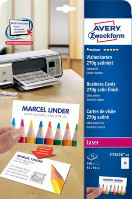 Produktbild von AVERY Zweckform Quick & Clean Visitenkarten satiniert ultraweiß 270 g/qm 100 Stück