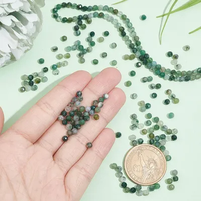 Produktbild von Mikro facettierte Edelsteinperlen - Natürlicher Moosachat - Zur Schmuckherstellung - 246 Stück, 3 mm, Bohrung 1 mm