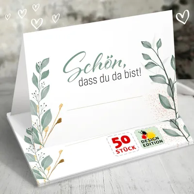 Produktbild von 50 Tischkarten Schön dass du da bist, Floral Grün Gold, Hochzeit Botanical Style