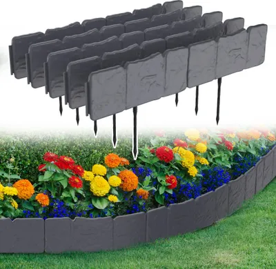 Image de LZQ Bordure de pelouse aspect pierre 5 m, bordure de parterre en plastique, bordure de parterre clôture de jardin avec 20 ancrages, 20 éléments (25x20 cm), anthracite