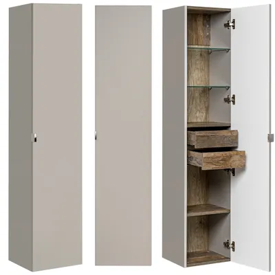 A tall, narrow cabinet shown from three different angles: closed from the front, closed from the side, and open from the front.