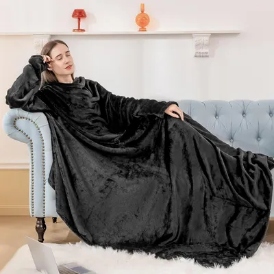 Produktbild von Kuscheldecke mit Ärmeln und Fußtaschen 150x200 cm Schwarz Fleece